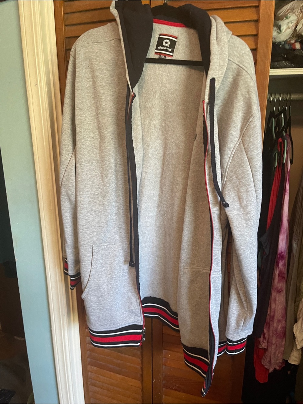 Akademiks Gray Hoodie and sweat pantswith Black Hood and Red Trim